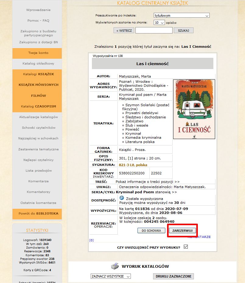 wyszukiwanie pozycji – katalog centralny Biblioteki z wyświetloną kartą katalogową książki, którą można zarezerwować
