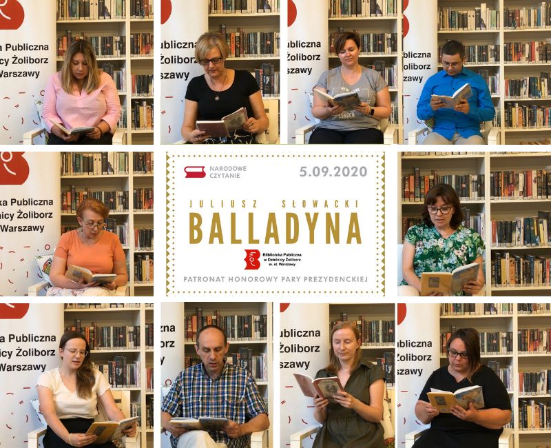 Plakat promujący akcję Narodowe Czytanie 2020. Kolaż zdjęć przedstawiający pracownikow Biblioteki czytających dramat Balladyna