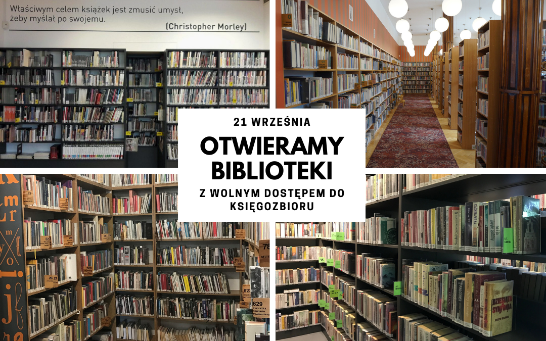 kolaż zdjęć z różnych placówek przedstawiający księgozbiory bibliotek
