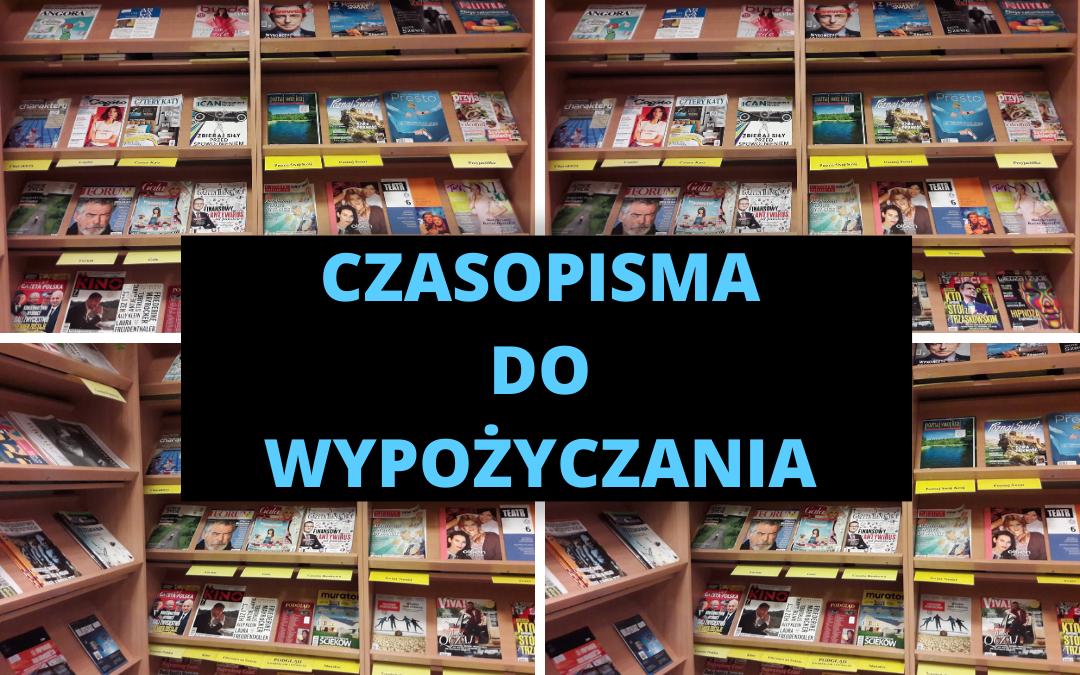 Reklama prasy bieżącej i czasopism dostępnych do wypożyczeń w Czytelni Naukowej nr XVI . Fotografia przedstawia regały z czasopismami.