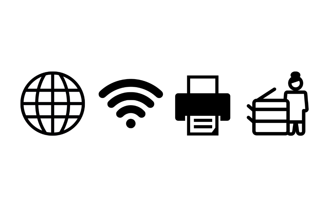ikony usług w bibliotece - internet, wifi, drukowanie, kserowanie