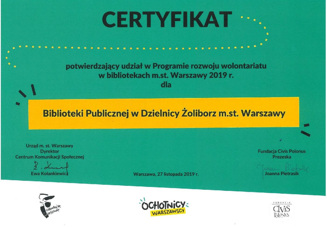 certyfikat za udział w programie rozwoju wolontariatu - rok 2019