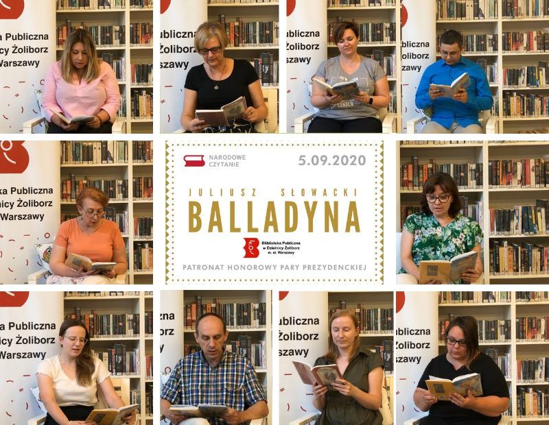 Plakat promujący akcję Narodowe Czytanie 2020. Kolaż zdjęć przedstawiający pracownikow Biblioteki czytających dramat Balladyna