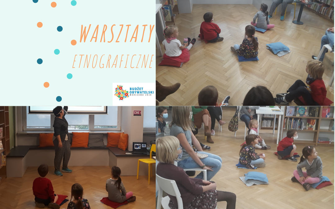 grafika ozdobna przedstawiająca trzy zdjęcia z warsztatów etnograficzny na których widać dzieci biorące udział w zajęciach