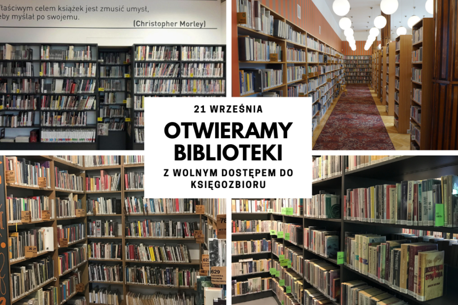 kolaż zdjęć z różnych placówek przedstawiający księgozbiory bibliotek