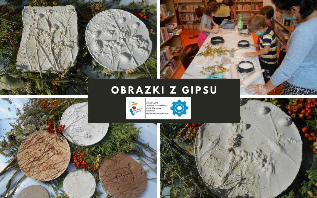 Kolaż zdjęć przedstawiający przebieg i prace wykonane podczas warsztatów tworzenia obrazków z gipsu