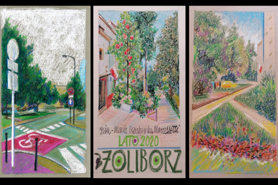 Trzy prace wykonane pastelą przedstawiające ulice Żoliborza