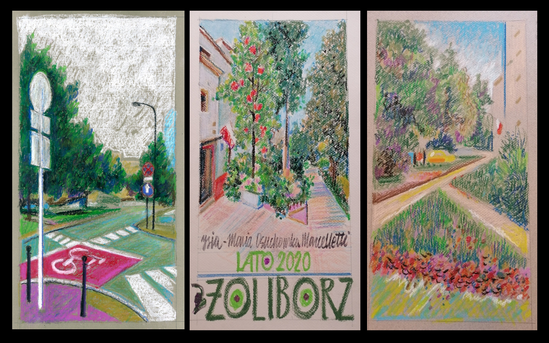 Trzy prace wykonane pastelą przedstawiające ulice Żoliborza