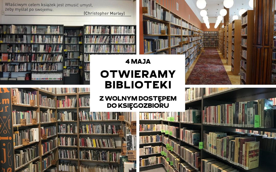 kolaż zdjęć z różnych placówek przedstawiający księgozbiory bibliotek i informację o otwraciu biblioteki