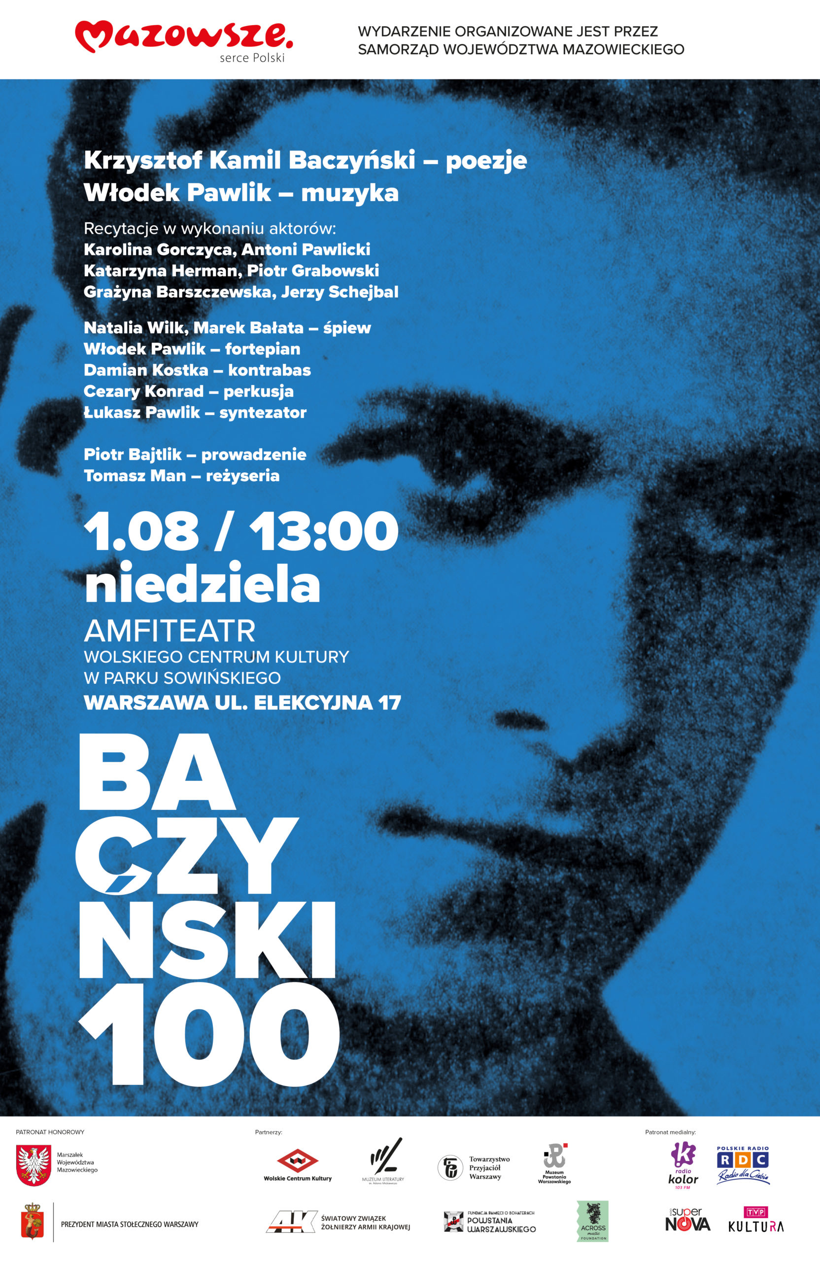 Plakat reklamujący koncert z okazji 100 lecia urodzin Krzysztofa Kamila Baczyńskiego, poety czasu wojny i okupacji, odbywający się 1 sierpnia o godzinie 13:00 w Parku Sowińskiego. 