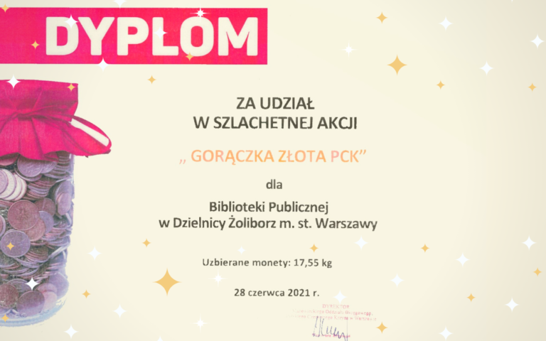 obrazek wyróżniający przedstawiający dyplom za udział w akcji gorączka złota pck dla biblioteki publicznej w dzielnicy żoliborz m.st. warszawy