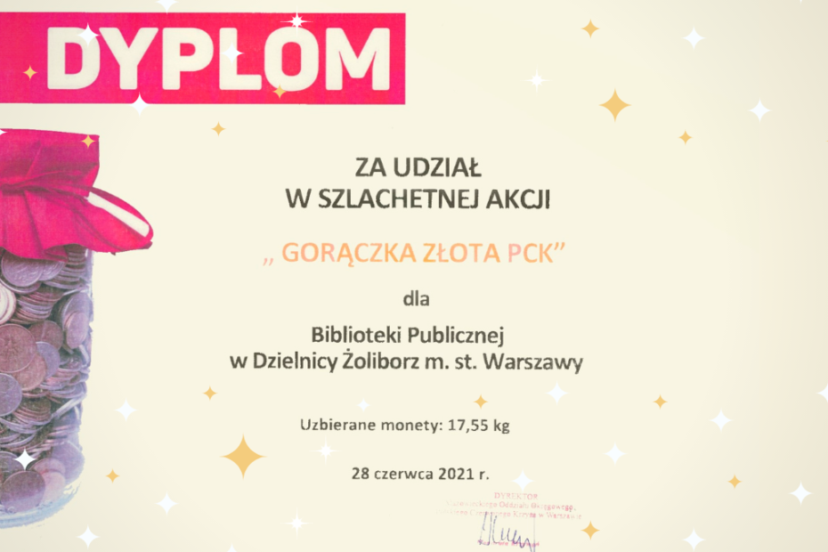obrazek wyróżniający przedstawiający dyplom za udział w akcji gorączka złota pck dla biblioteki publicznej w dzielnicy żoliborz m.st. warszawy