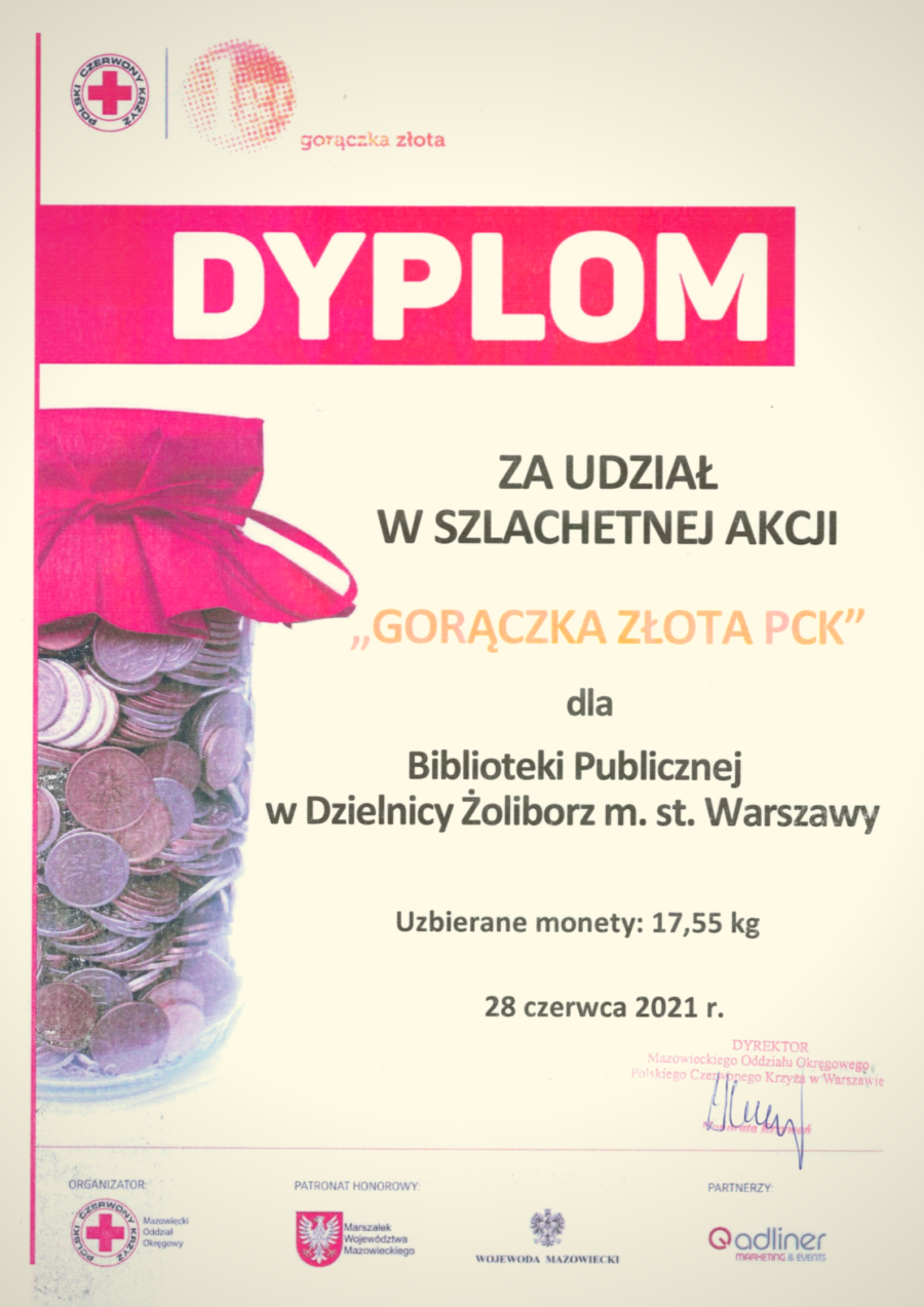 dyplom za udział w akcji gorączka złota pck dla biblioteki publicznej w dzielnicy żoliborz m. st. Warszawy