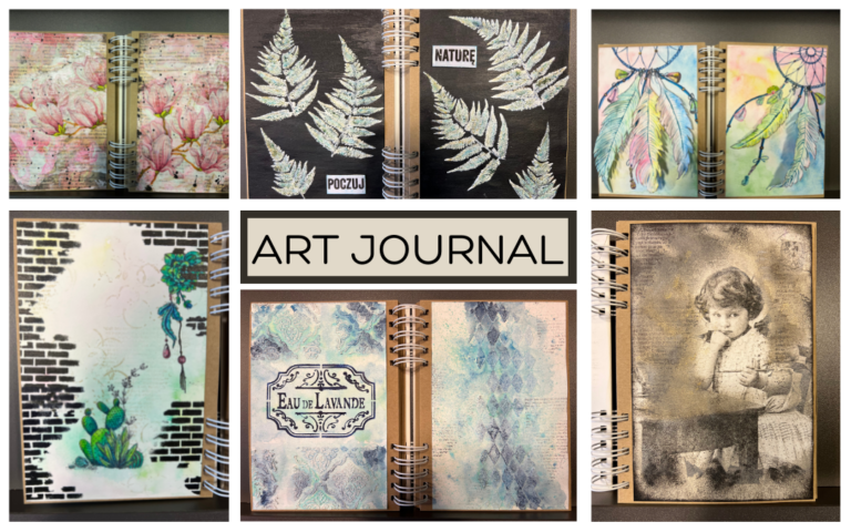 kolaż przykładowych prac mix mediowych z art journala, na środku napis "art journal"