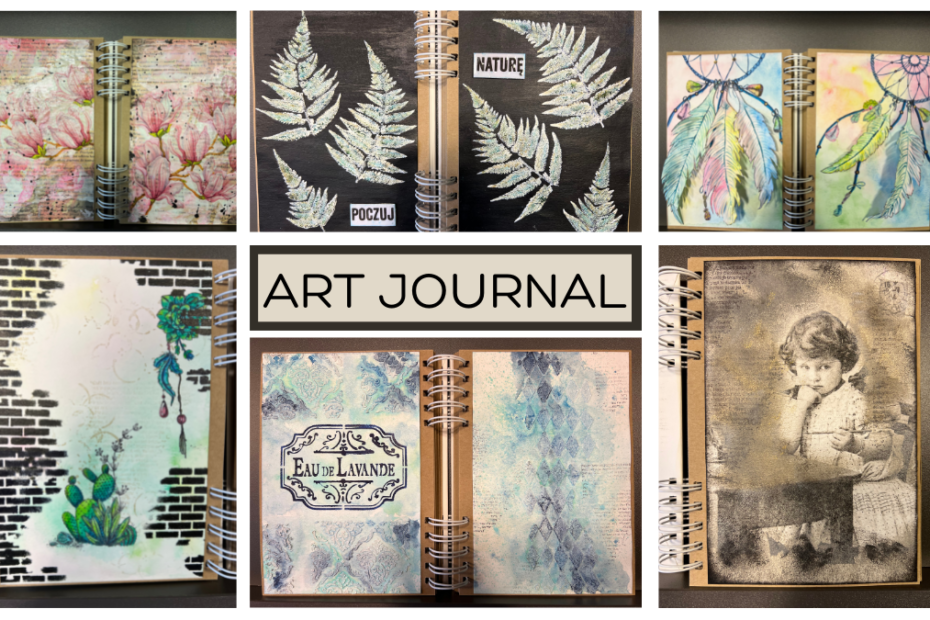 kolaż przykładowych prac mix mediowych z art journala, na środku napis "art journal"