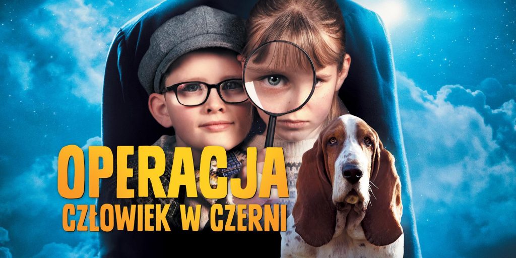 plakat filmowy, na zdjęciu chłopiec, dziewczynka i pies, podpis "operacja człowiek w czerni"
