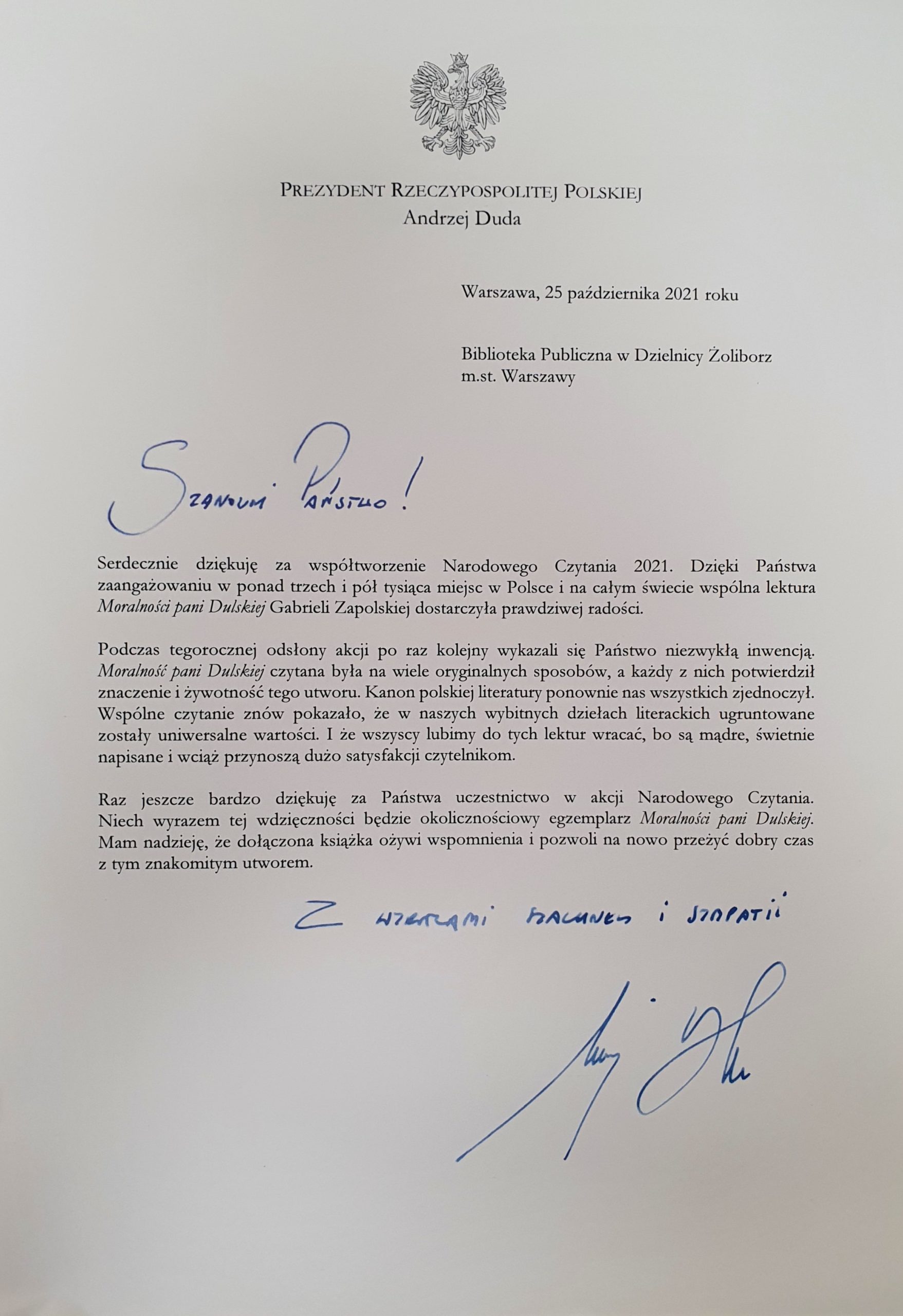list z podziękowaniem za udział z narodowym czytaniu z podpisem Prezydenta Andrzeja Dudy. Treść listu w poście