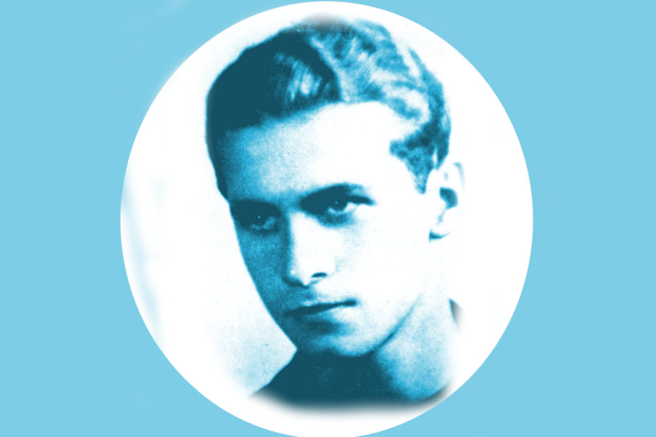 na niebieskim tle portret Krzysztofa Kamila Baczyńskiego
