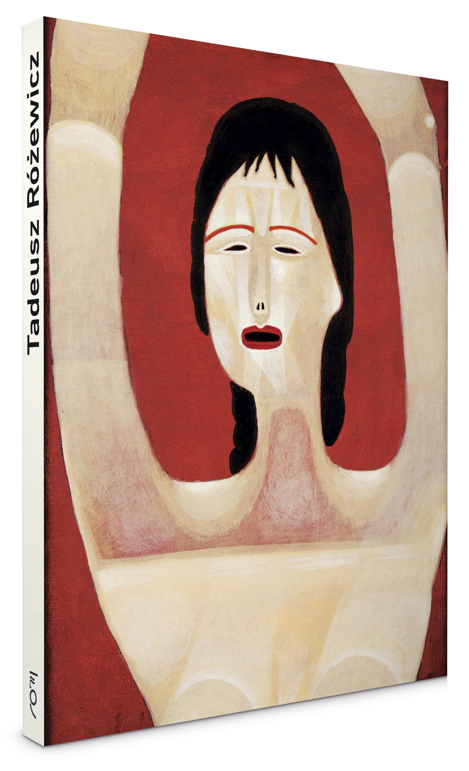 okładka tomiku poezji różewicza. Na czerwonym tle namalowana kobieta. na grzbiecie książki napis Tadeusz Różewicz
