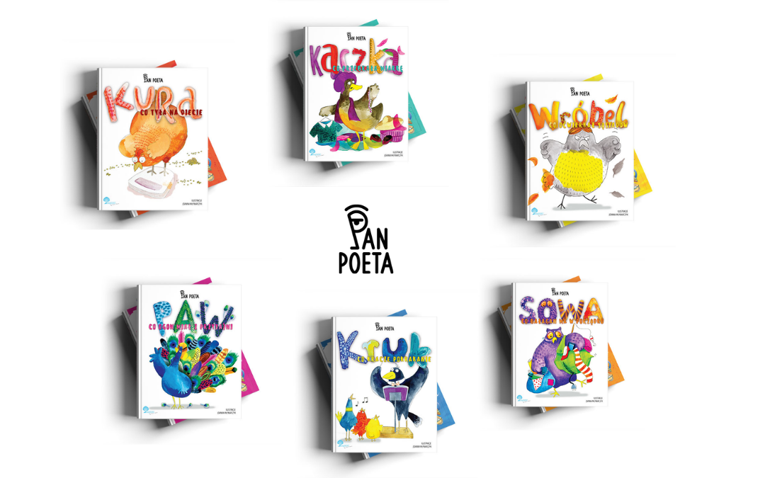 Okładki książek autorstwa Pana Poety  ułożone wokół logo "Pan Poeta"