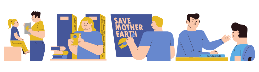 ilustracje przedstawiające różne pomoce realizowane przez wolontariuszy np pomoc w czytaniu; tekst: save mother earth, counselor