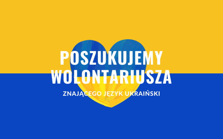 grafika wyróżniająca przedstawiająca serce w kolorach flagi ukrainy na niej tekst: poszukujemy wolontariusza znającego język ukraiński
