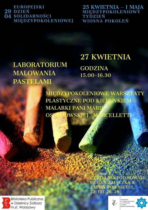 plakat zapraszający na laboratorium malowania pastelami 27 kwietnia 2022. Na dole logo budżetu obywatelskiego 2022 i biblioteki żoliborz