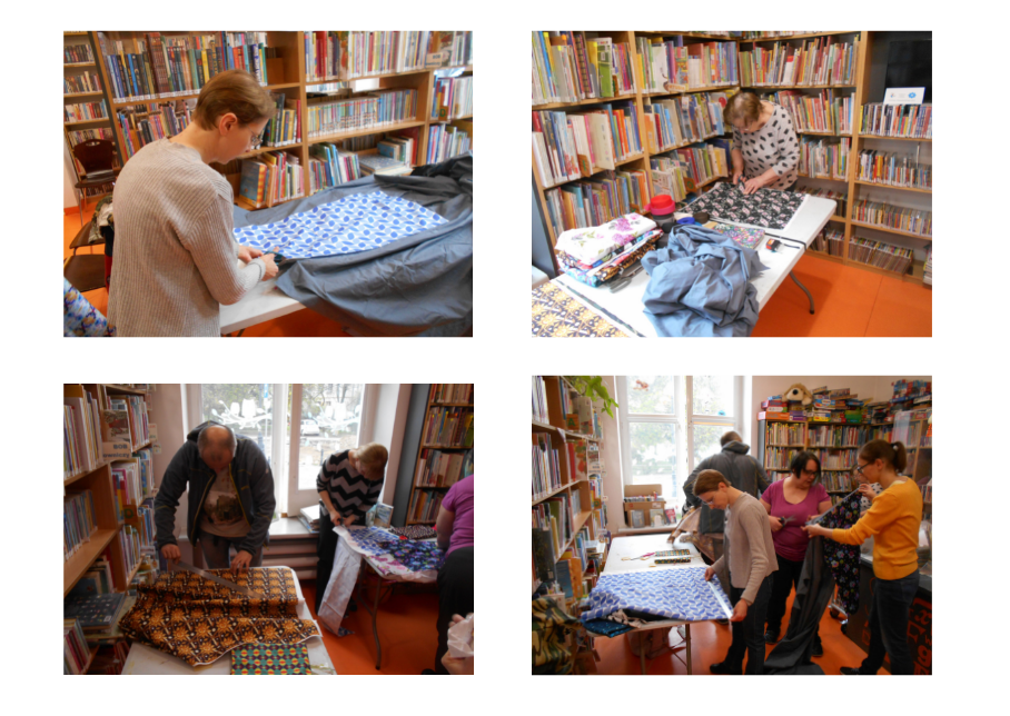 Kolaż zdjęć uczestników warsztatów szycia materiałowych toreb na książki. 