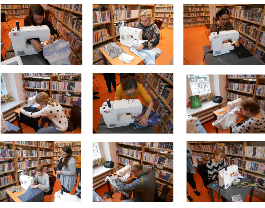 Kolaż zdjęć uczestników warsztatów szycia materiałowych toreb na książki.