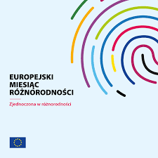 grafika wyróżniająca przedstawiająca logo Europejskiego Miesiąca Różnorodności. Zawiera napis "Europejski Miesiąc Różnorodności" oraz "Zjednoczona w różnorodności".