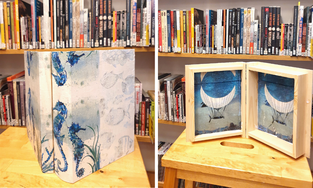 kolaż z dwóch zdjęć przedstawiający stronę wewnętrzną i zewnętrzną gotowego pudełka w kształcie książki wykonanego metodą decoupage z różnymi wzorami morskimi vintage