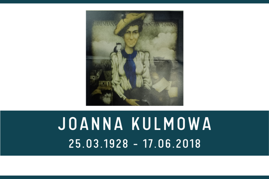 na niebieskim tle napis "Joanna Kulmowa 25.03.1928-17.06.2018" oraz grafika przedstawiająca Joannę Kulmową