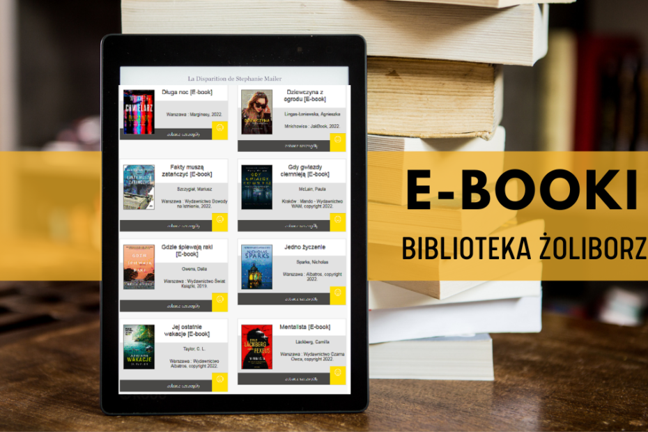 czytnik ebooków z widokiem katalogu ebooków online na tle książek papierowych