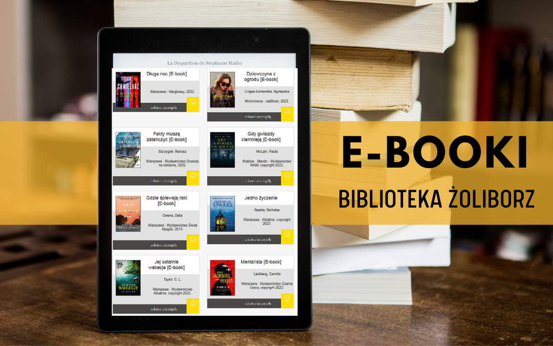 czytnik ebooków z widokiem katalogu ebooków online na tle książek papierowych