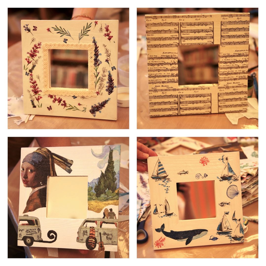 kolaż z 4 zdjęć przedstawiający wykonane ramki podczas warsztatów decoupage w wypożyczalni nr 16