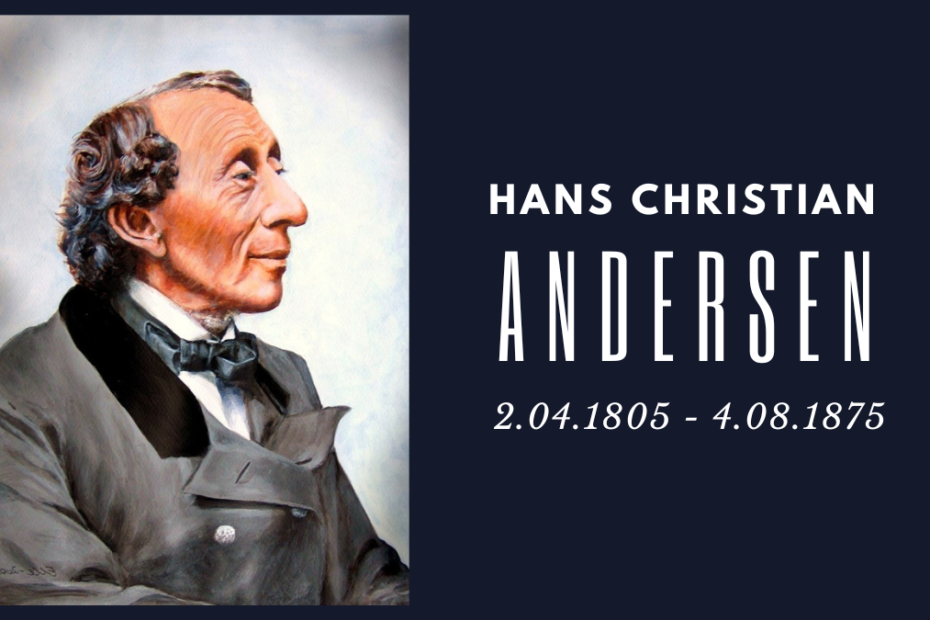 na granatowym tle kolorowy portret Hansa Christiana Andersena. Biały napis "Hans Christian Andersen 02.04.1805-4.08.1875"