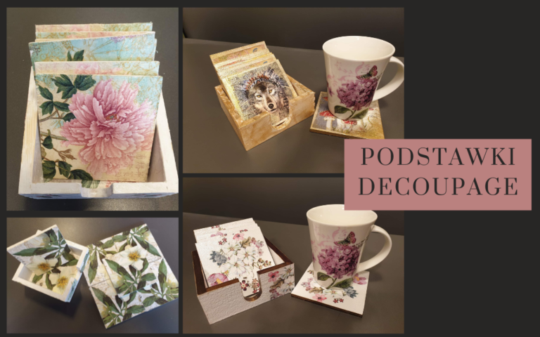 kolaż podstawek pod kubek ozdobionych techniką decoupage. na różowym tle napis "podstawki decoupage"
