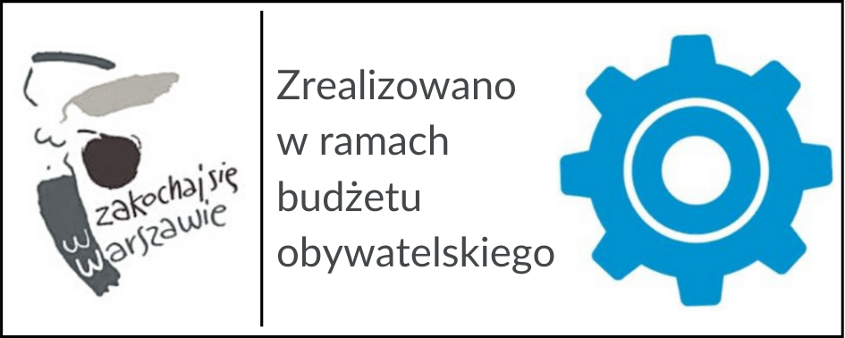 czarno-biała syrenka warszawska, na środku napis "zrealizowano ze środków budżetu obywatelskiego, po prawej stronie niebieskie koło zębate"
