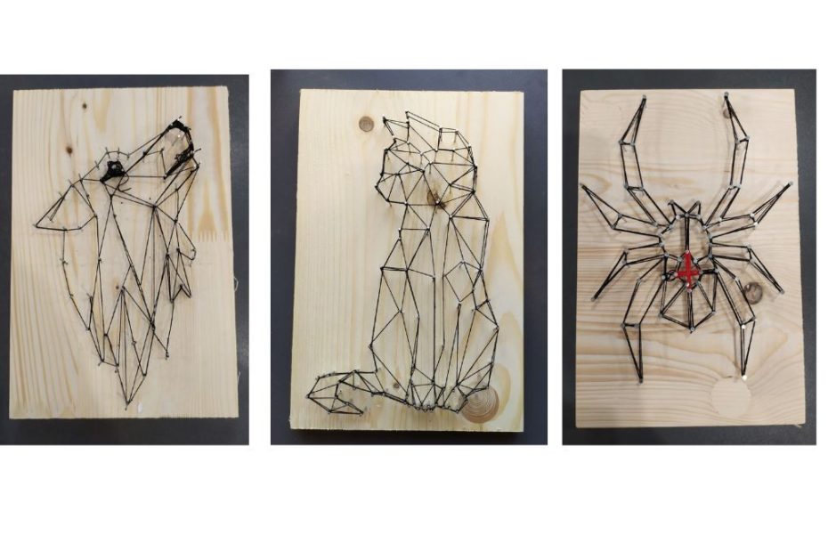 Trzy prace wykonane techniką string art