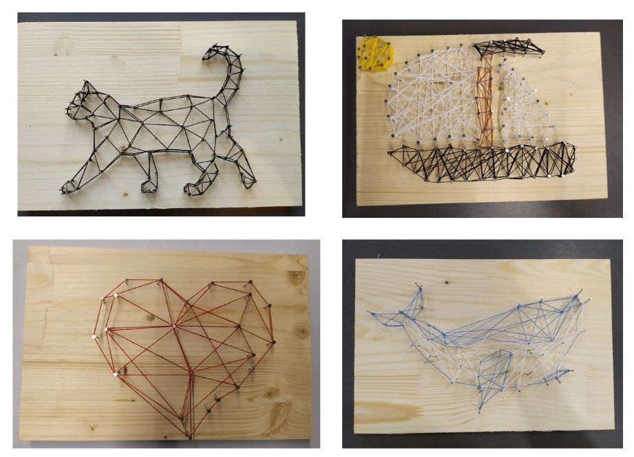 Kolaż zdjęć prac uczestników warsztatów artystycznych wykorzystujących technikę string art