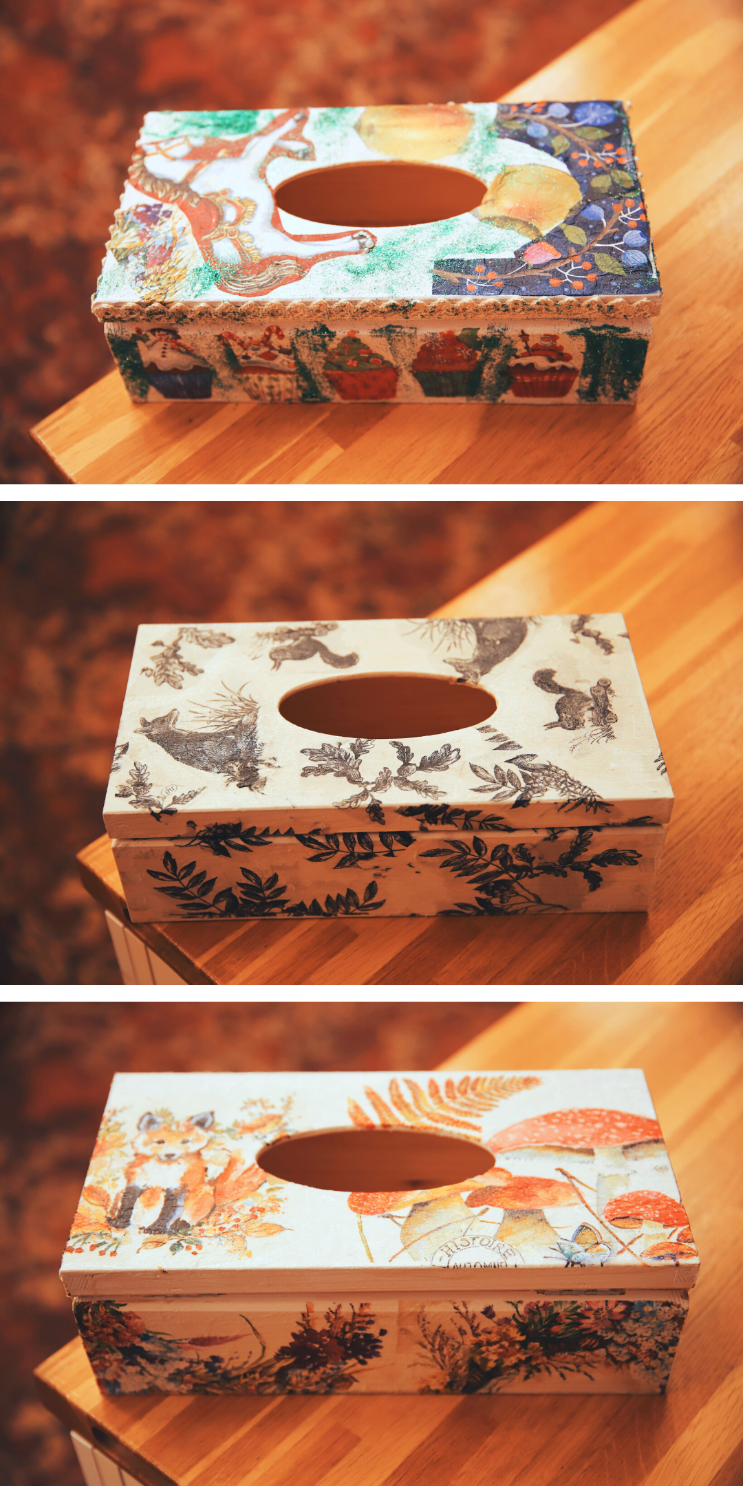 kolaż z 3 zdjęć przedstawiający ozdobione drewniane serwetniki podczas warsztatów decoupage w wypożyczalni nr 16