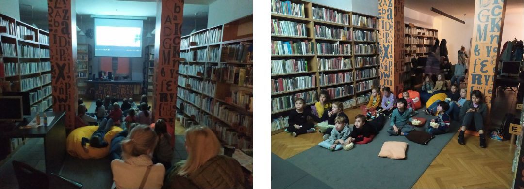 Uczestnicy Nocy Bibliotek oglądający film "Biuro detektywistyczne Lassego i Mai. Pierwsza tajemnica"