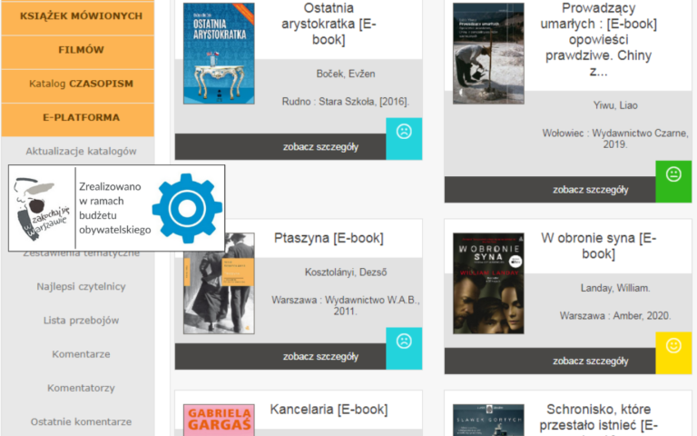 zrzut ekranu z katalogu ebooków biblioteki z logo budżetu obywatelskiego