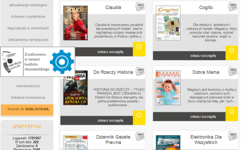 zrzut ekranu z katalogu eprasy biblioteki z logo budżetu obywatelskiego