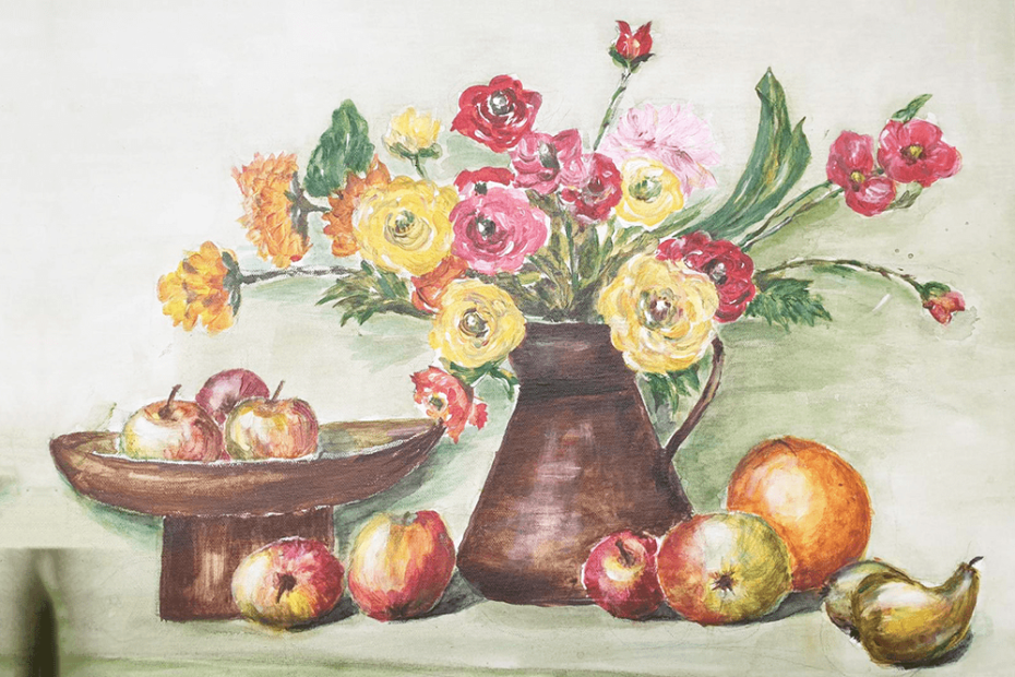 Obraz przedstawiający kwiaty w wazonie i owoce.