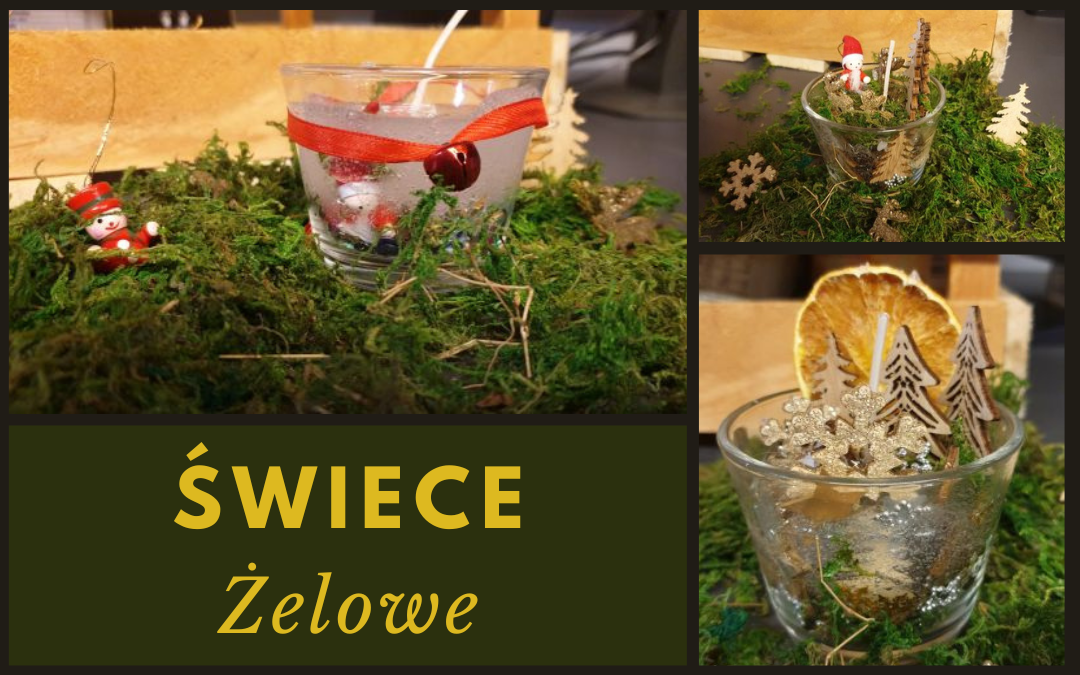 kolaż prac, świece żelowe w szklanych naczyniach ustawione na zielonym mchu