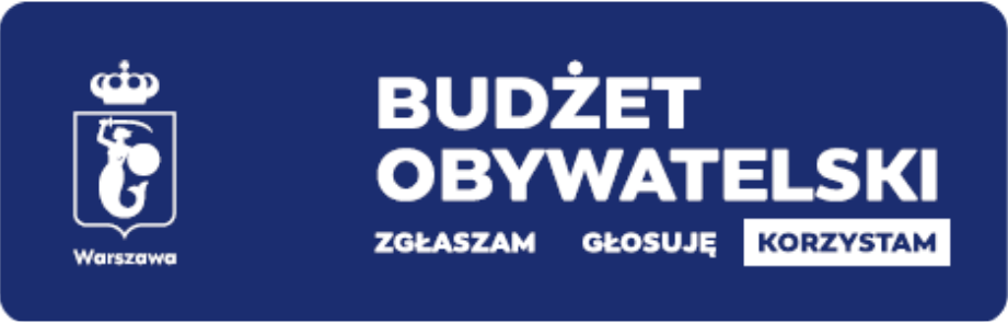 logotyp budżetu obywatelskiego białe napisy na granatowym tle widoczne napisy: budżet obywatelski zgłaszam głosuję korzystam warszawa