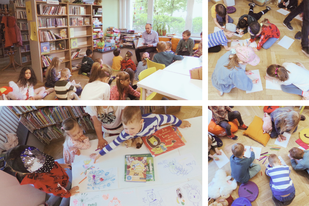 kolaż zdjęć ze spotkania wokół książki dla dzieci zorganizowanego w ramach obchodów XX Tygodnia Bibliotek 2023 roku, zdjęcia z wnętrza Biblioteki dla dzieci nr XV