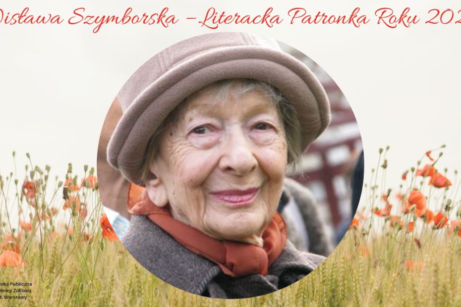 Grafika przedstawiająca portret Wisławy Szymborskiej w kapeluszu na pastelowym tle
