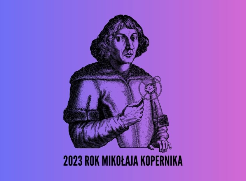 Grafika przedstawiająca Mikołaja Kopernika na tle fioletowo amarantowym. Pod nią tekst 2023 Rok Mikołaja Kopernika.